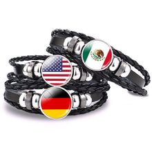 Load image into Gallery viewer, Flag Bracelet World Flags Jewelry USA America Flag Germany Mexico Canada France Britain Spain Brazil Black Leather Bracelet
