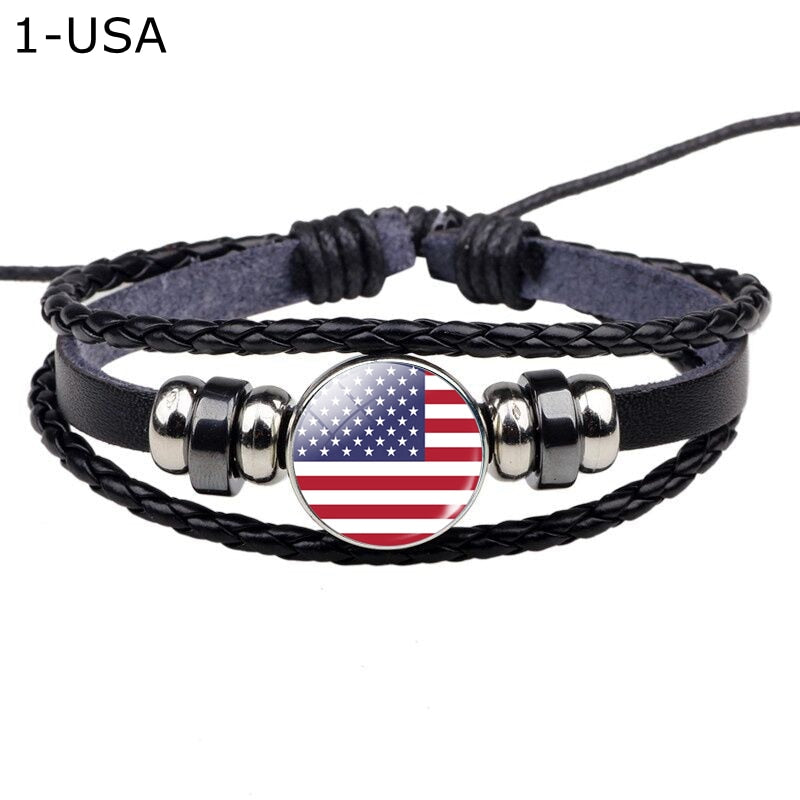 Flag Bracelet World Flags Jewelry USA America Flag Germany Mexico Canada France Britain Spain Brazil Black Leather Bracelet